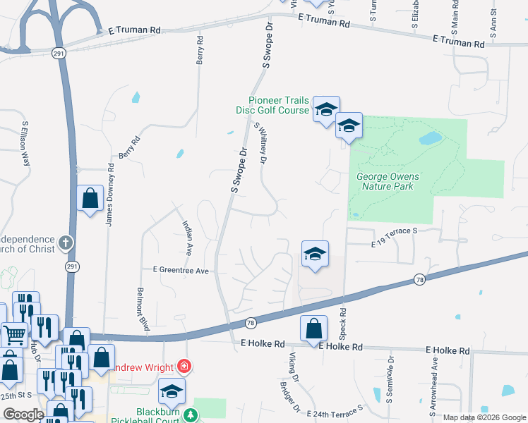 map of restaurants, bars, coffee shops, grocery stores, and more near 17924 East Whitney Road South in Independence