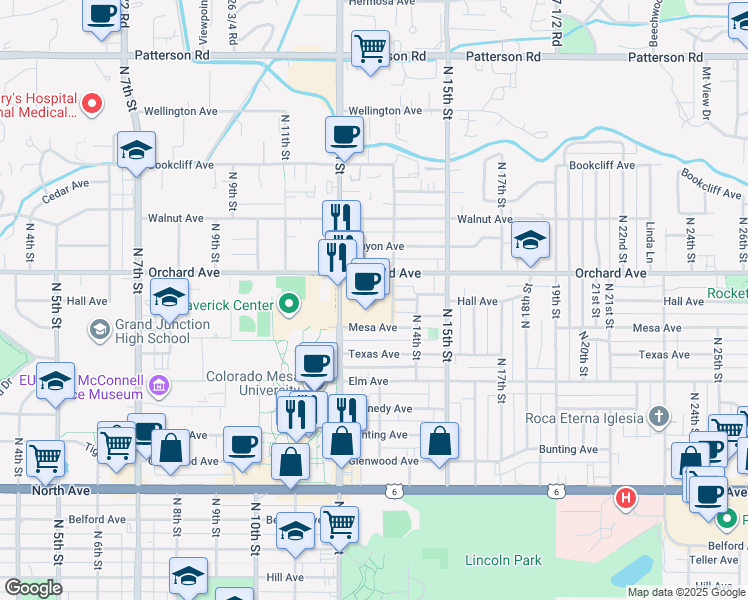 map of restaurants, bars, coffee shops, grocery stores, and more near 1834 North 12th Street in Grand Junction