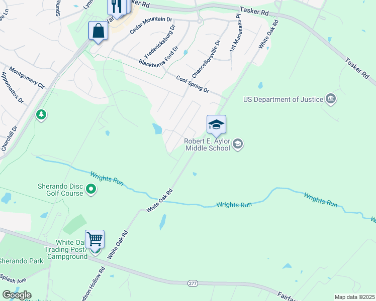 map of restaurants, bars, coffee shops, grocery stores, and more near 107 Bluets Drive in White Post