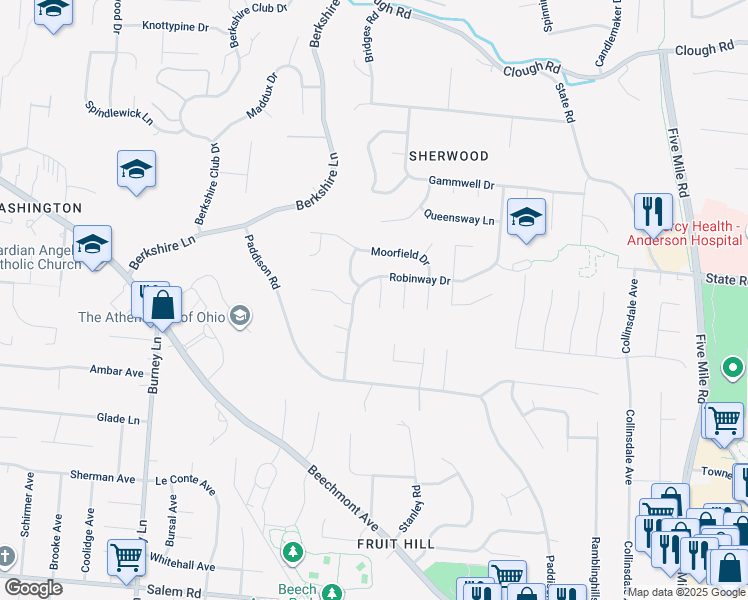 map of restaurants, bars, coffee shops, grocery stores, and more near 1645 Barnsdale Court in Cincinnati
