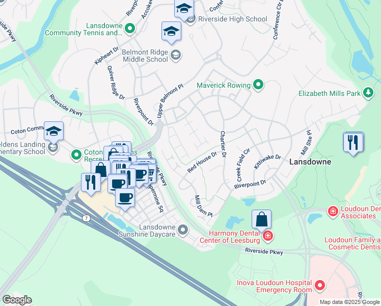 map of restaurants, bars, coffee shops, grocery stores, and more near 19210 Greystone Square in Leesburg