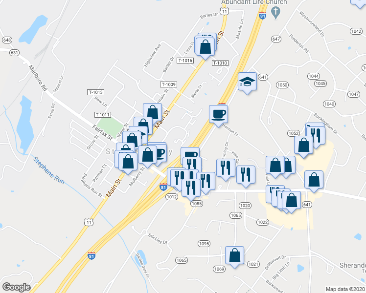 map of restaurants, bars, coffee shops, grocery stores, and more near 5306 Mulberry Ct in Stephens City