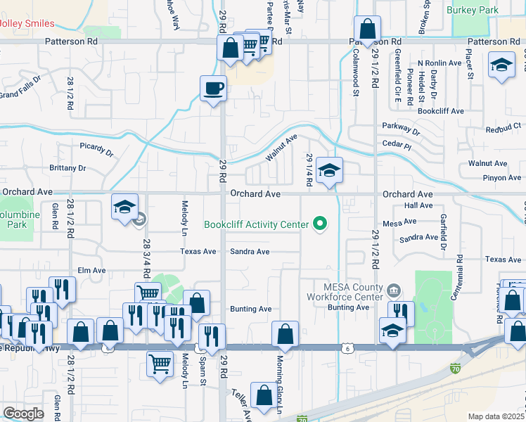 map of restaurants, bars, coffee shops, grocery stores, and more near 2915 Orchard Avenue in Grand Junction