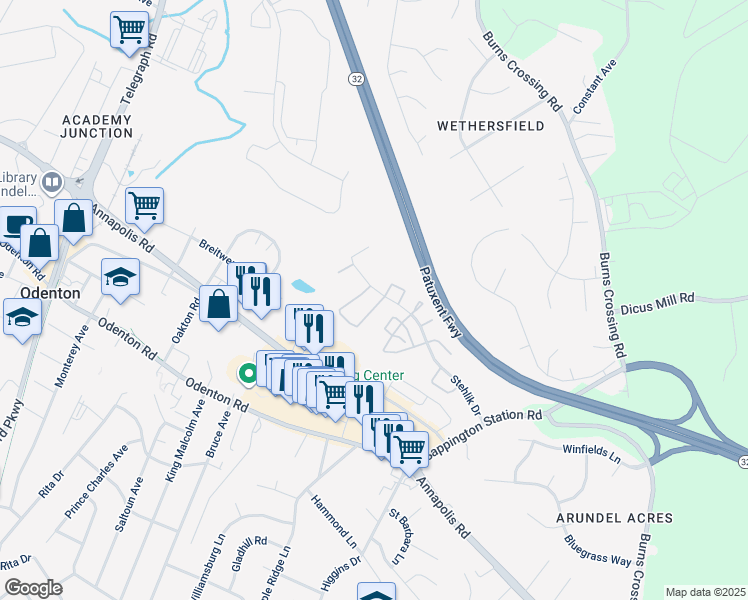 map of restaurants, bars, coffee shops, grocery stores, and more near 715 Lions Gate Lane in Odenton