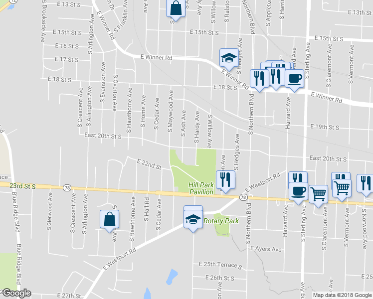 map of restaurants, bars, coffee shops, grocery stores, and more near 2001 South Ash Avenue in Independence