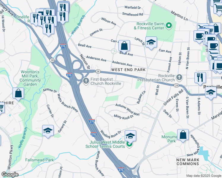 map of restaurants, bars, coffee shops, grocery stores, and more near 109 Aberdeen Road in Rockville