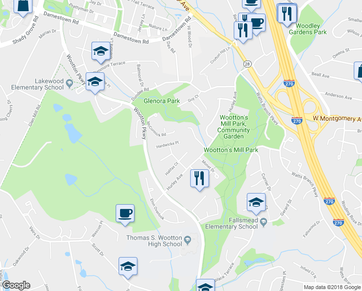 map of restaurants, bars, coffee shops, grocery stores, and more near 3 Hardwicke Place in Rockville