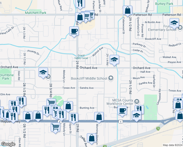 map of restaurants, bars, coffee shops, grocery stores, and more near 2915 Orchard Avenue in Grand Junction