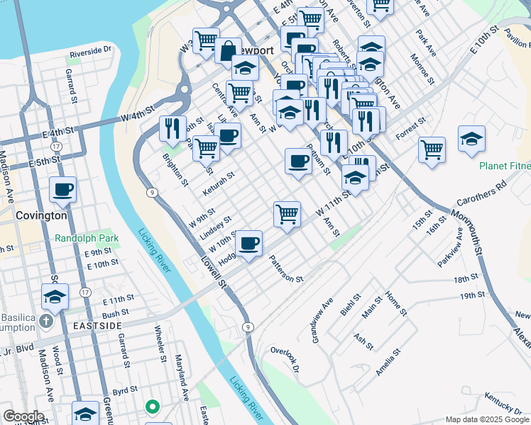 map of restaurants, bars, coffee shops, grocery stores, and more near 301 West 10th Street in Newport
