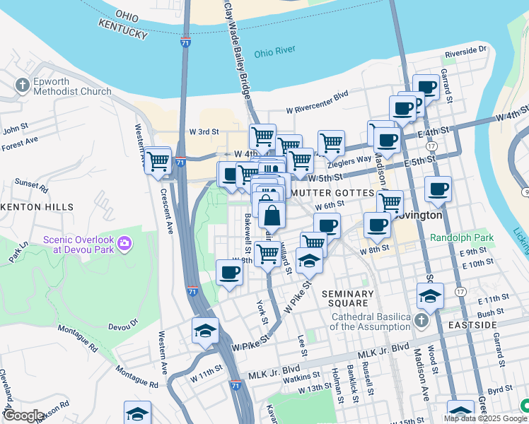 map of restaurants, bars, coffee shops, grocery stores, and more near 601 Main Street in Covington