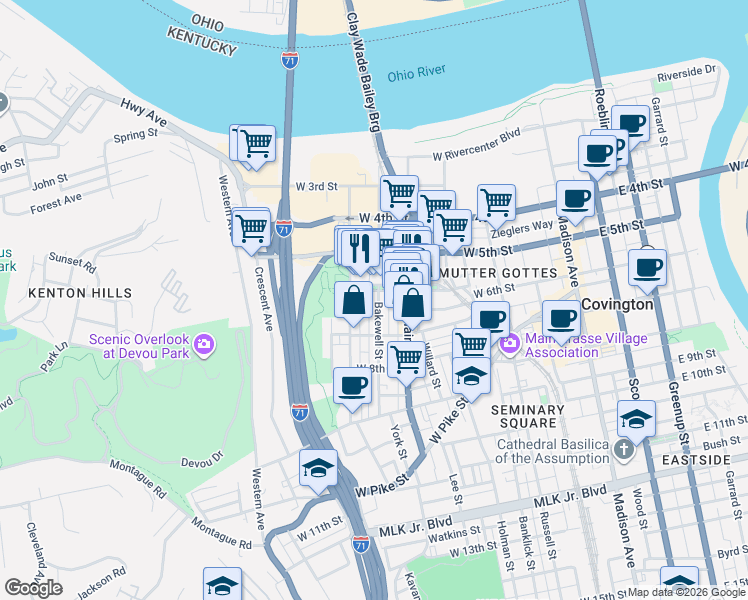 map of restaurants, bars, coffee shops, grocery stores, and more near 503 West 6th Street in Covington