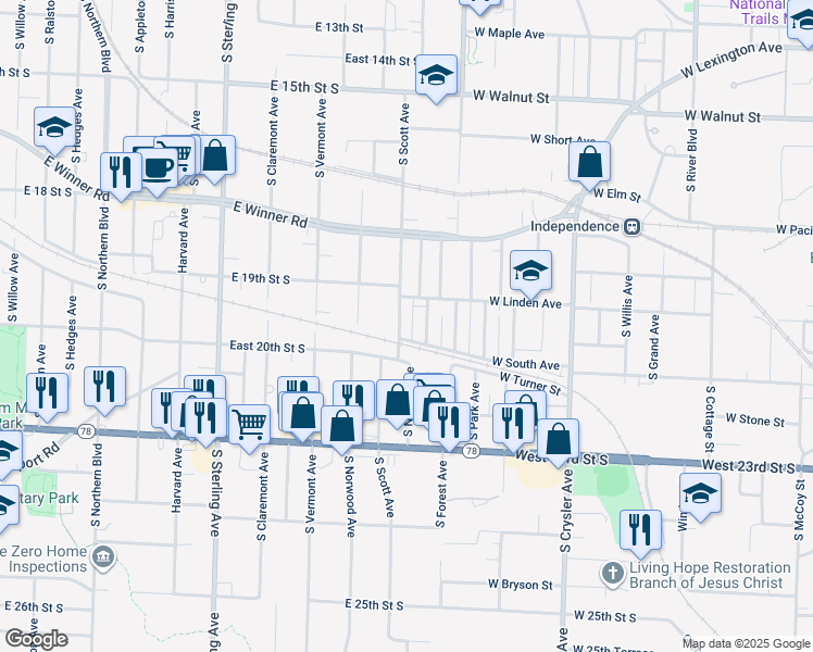 map of restaurants, bars, coffee shops, grocery stores, and more near 1915 South Scott Avenue in Independence
