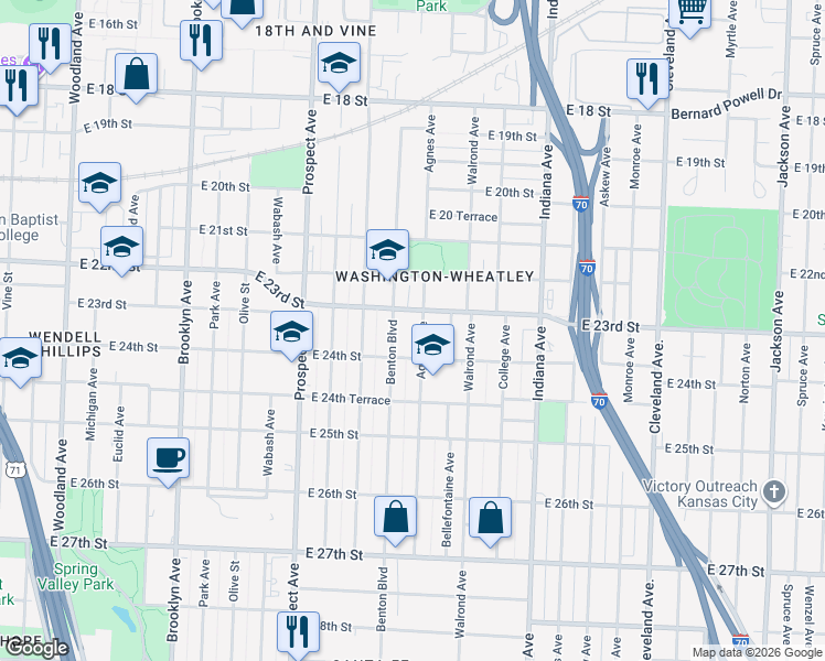 map of restaurants, bars, coffee shops, grocery stores, and more near 2306 Agnes Avenue in Kansas City