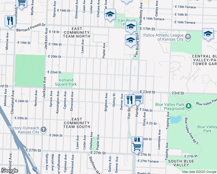 map of restaurants, bars, coffee shops, grocery stores, and more near 2241 Brighton Avenue in Kansas City