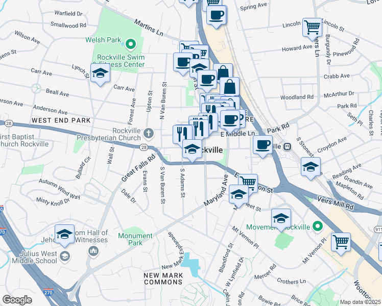 map of restaurants, bars, coffee shops, grocery stores, and more near 50 W Montgomery Ave in Rockville
