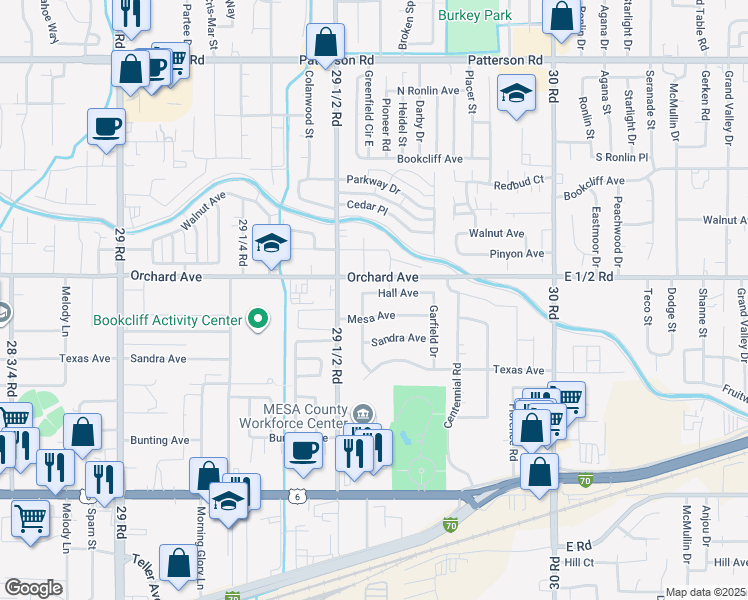 map of restaurants, bars, coffee shops, grocery stores, and more near 2957 1/2 Hall Avenue in Grand Junction