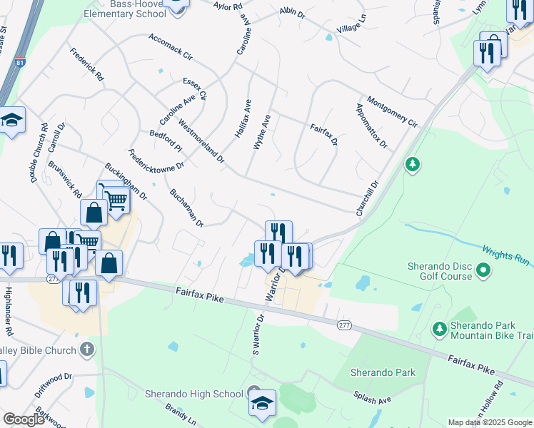 map of restaurants, bars, coffee shops, grocery stores, and more near 115 Ian Court in Stephens City