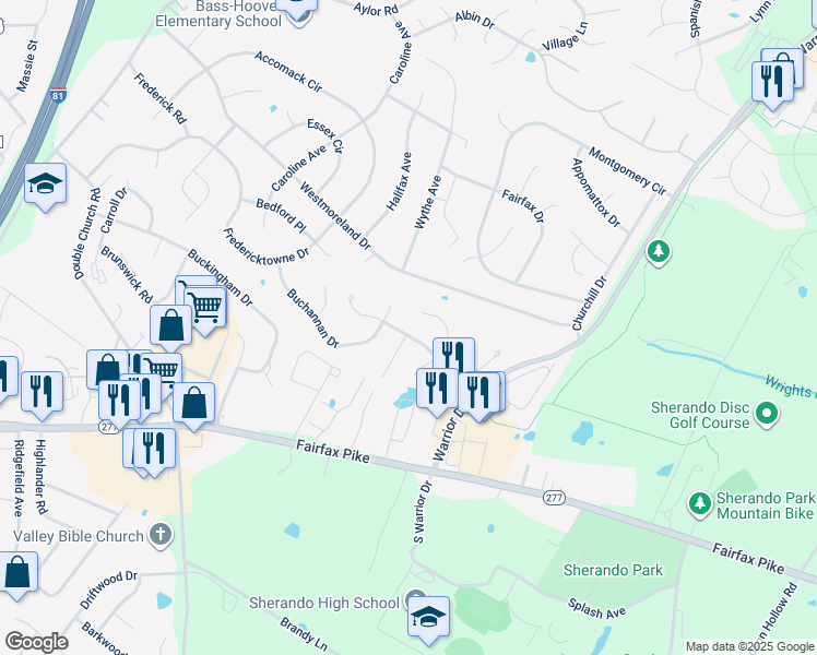 map of restaurants, bars, coffee shops, grocery stores, and more near 208 Ivory Drive in Stephens City