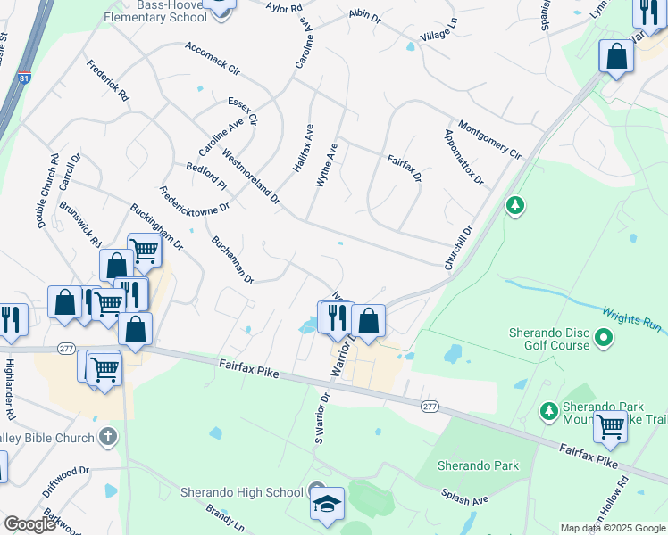 map of restaurants, bars, coffee shops, grocery stores, and more near 115 Ian Court in Stephens City