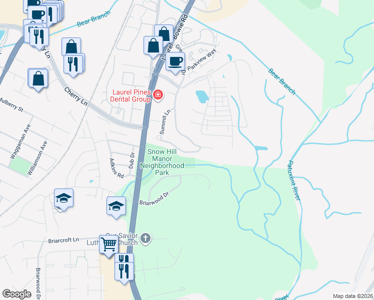 map of restaurants, bars, coffee shops, grocery stores, and more near 9340 Creekview Drive in Laurel