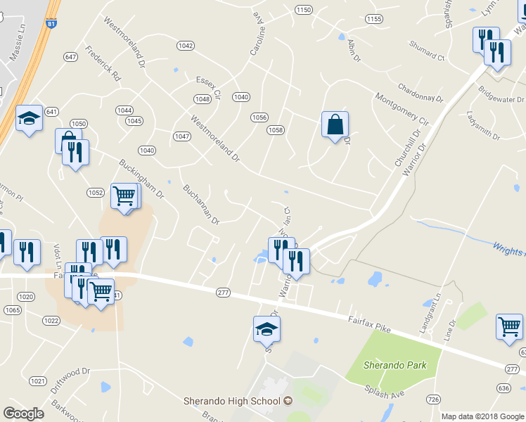 map of restaurants, bars, coffee shops, grocery stores, and more near 208 Ivory Drive in Stephens City