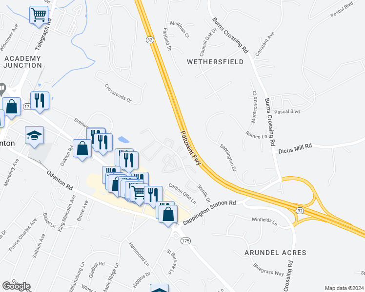 map of restaurants, bars, coffee shops, grocery stores, and more near 520 Meadowmist Way in Odenton