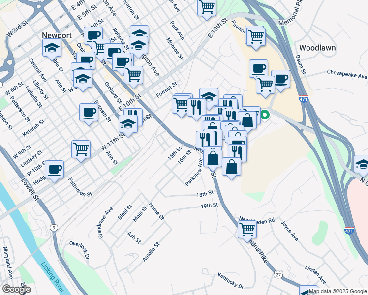 map of restaurants, bars, coffee shops, grocery stores, and more near in Newport