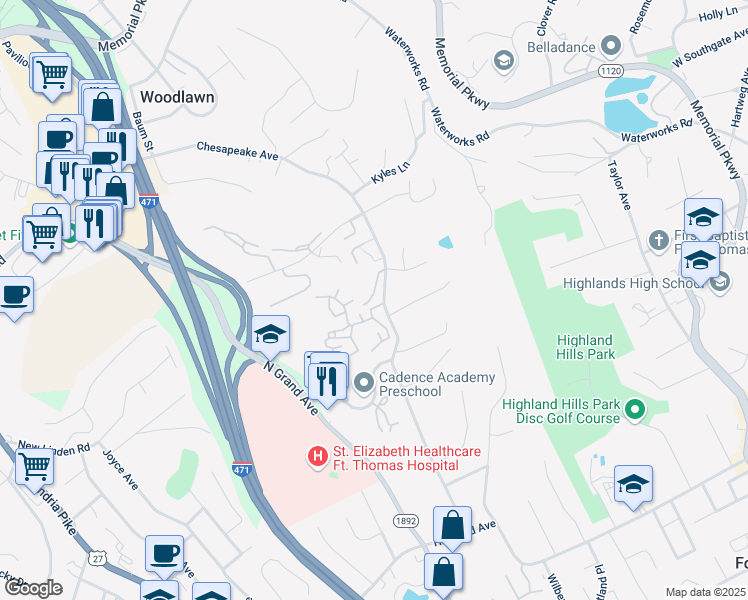 map of restaurants, bars, coffee shops, grocery stores, and more near 23 Carriage House Drive in Fort Thomas