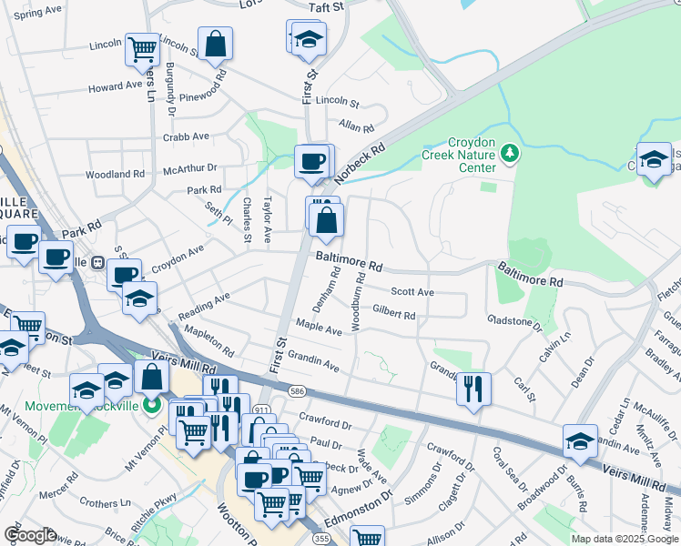 map of restaurants, bars, coffee shops, grocery stores, and more near 511 Denham Road in Rockville