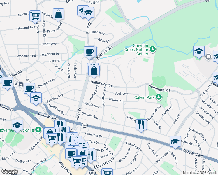 map of restaurants, bars, coffee shops, grocery stores, and more near 1003 Baltimore Road in Rockville