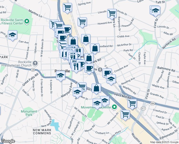 map of restaurants, bars, coffee shops, grocery stores, and more near 51 Monroe Street in Rockville