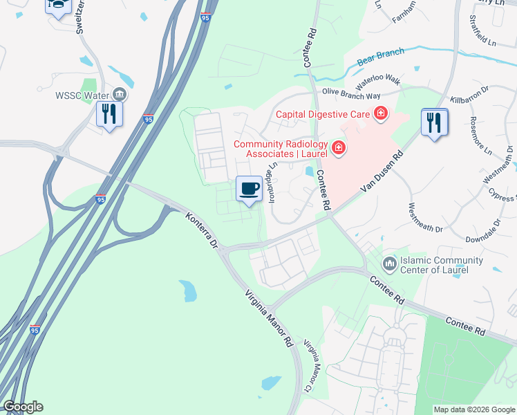 map of restaurants, bars, coffee shops, grocery stores, and more near West Side Boulevard in Laurel