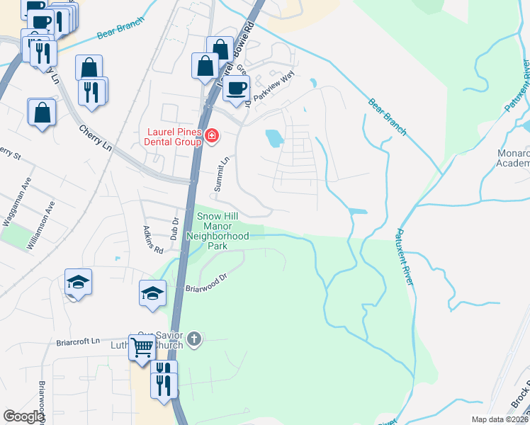 map of restaurants, bars, coffee shops, grocery stores, and more near 9348 Creekview Drive in Laurel