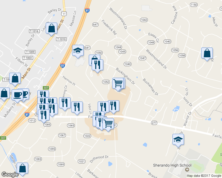 map of restaurants, bars, coffee shops, grocery stores, and more near 109 Warren Circle in Stephens City