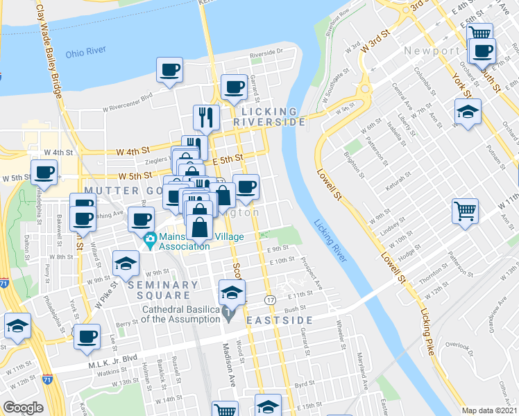 map of restaurants, bars, coffee shops, grocery stores, and more near 702 Greenup Street in Covington