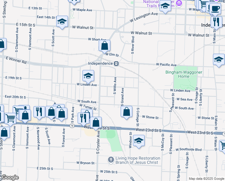 map of restaurants, bars, coffee shops, grocery stores, and more near 1217 West Linden Avenue in Independence
