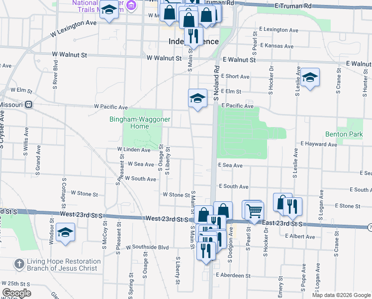 map of restaurants, bars, coffee shops, grocery stores, and more near 111 West Linden Avenue in Independence