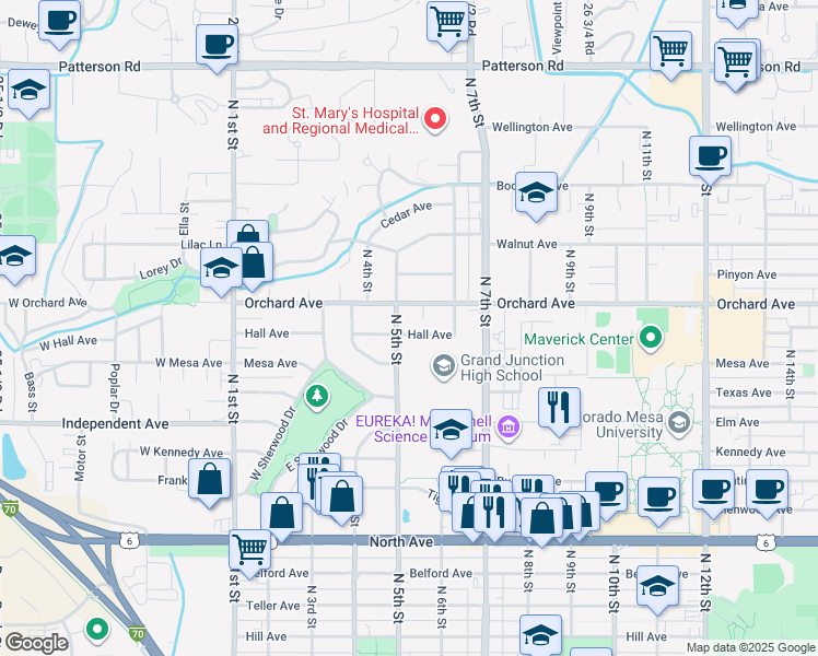map of restaurants, bars, coffee shops, grocery stores, and more near 510 Hall Avenue in Grand Junction