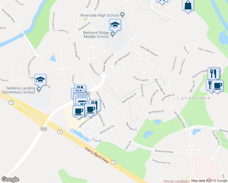 map of restaurants, bars, coffee shops, grocery stores, and more near 43641 Hartshire Terrace in Leesburg