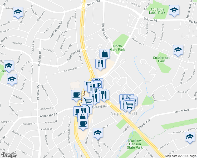 map of restaurants, bars, coffee shops, grocery stores, and more near 13781 Connecticut Avenue in Silver Spring
