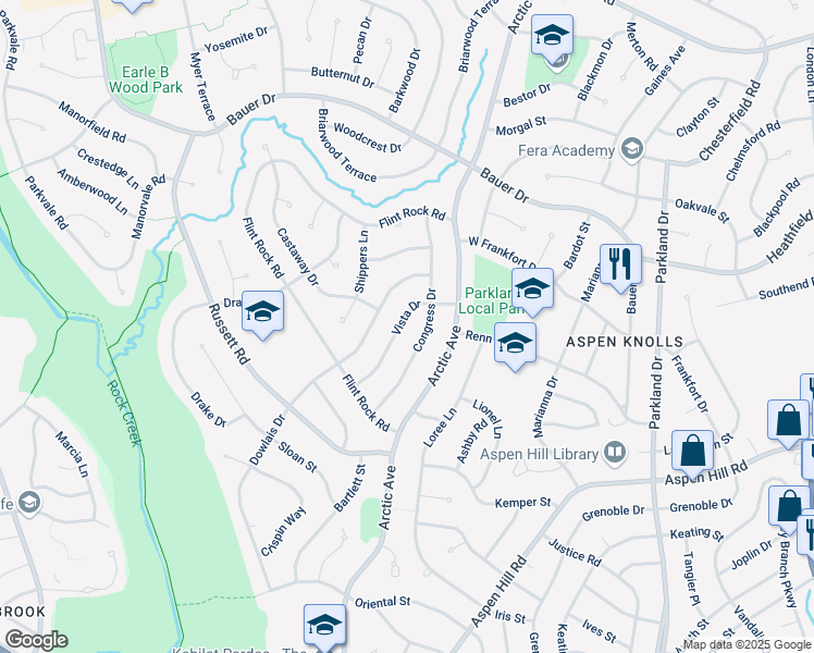 map of restaurants, bars, coffee shops, grocery stores, and more near 13907 Vista Drive in Rockville