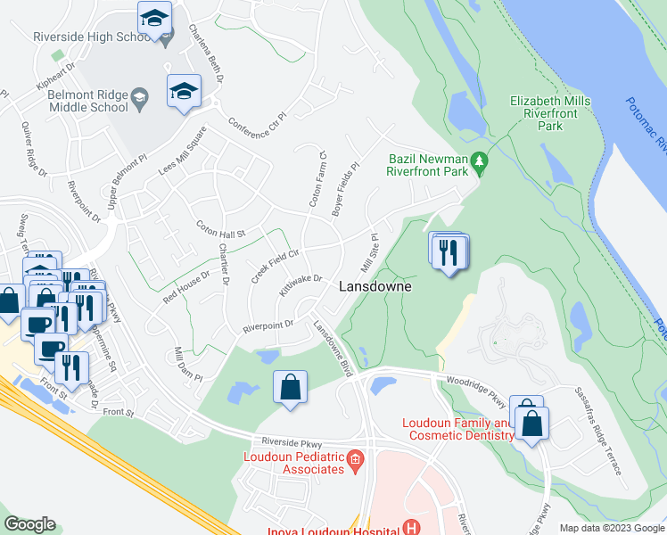 map of restaurants, bars, coffee shops, grocery stores, and more near 43408 Riverpoint Drive in Leesburg