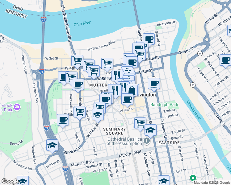 map of restaurants, bars, coffee shops, grocery stores, and more near 119 West 6th Street in Covington