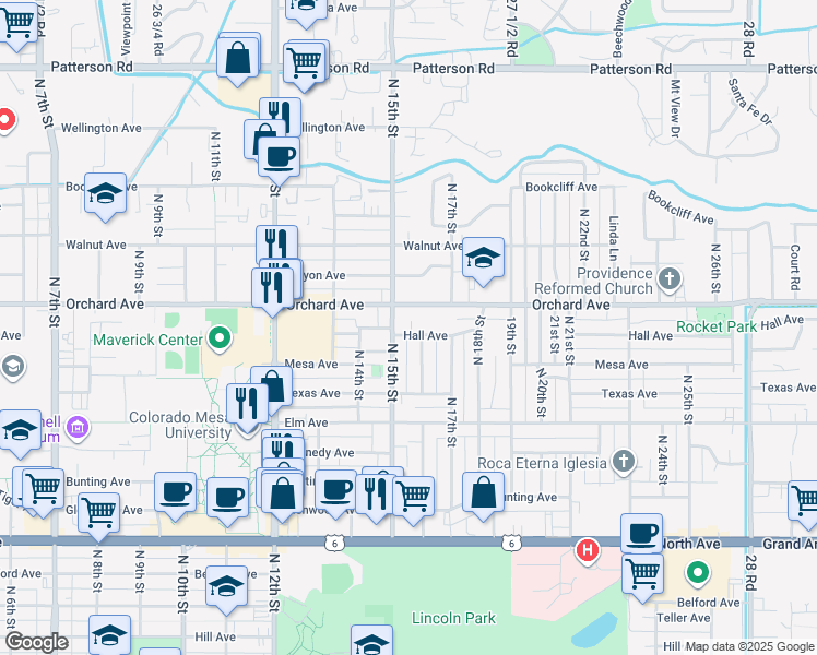 map of restaurants, bars, coffee shops, grocery stores, and more near 1820 North 15th Street in Grand Junction