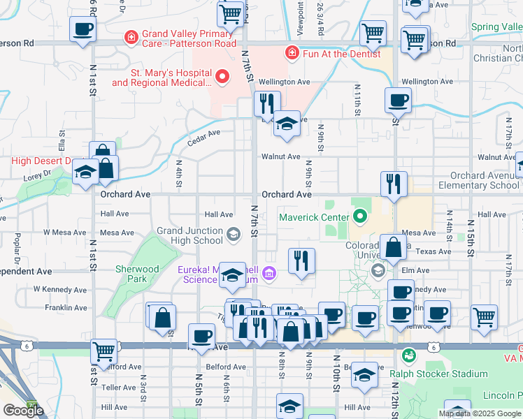 map of restaurants, bars, coffee shops, grocery stores, and more near 1814 North 7th Street in Grand Junction
