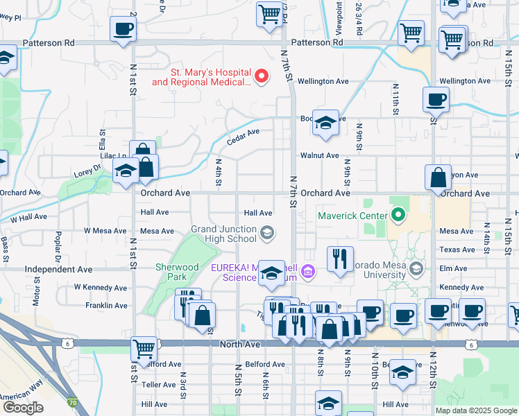 map of restaurants, bars, coffee shops, grocery stores, and more near 1801-1835 North 6th Street in Grand Junction