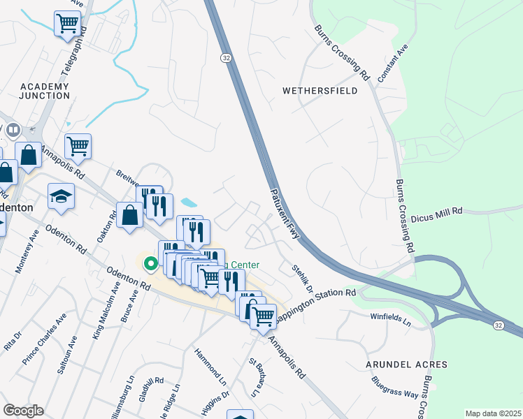 map of restaurants, bars, coffee shops, grocery stores, and more near 508 Greencrest Lane in Odenton