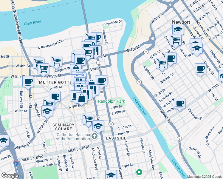 map of restaurants, bars, coffee shops, grocery stores, and more near 703 Garrard Street in Covington