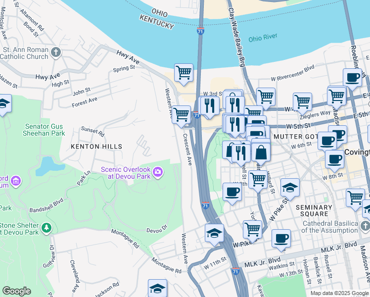 map of restaurants, bars, coffee shops, grocery stores, and more near 605 Crescent Avenue in Covington