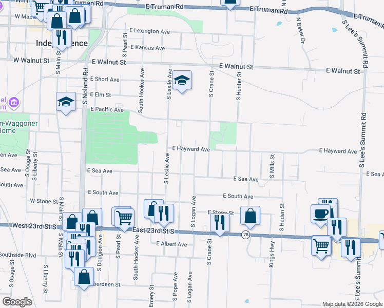 map of restaurants, bars, coffee shops, grocery stores, and more near 801 South Logan Avenue in Independence
